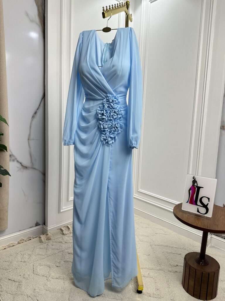 ⁦فستان سهرة لون سماوي شيفون جورجيت⁩ - الصورة ⁦4⁩