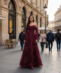 فستان خمري فاخر  إطلالة أنثوية بأناقة لا تُضاهى