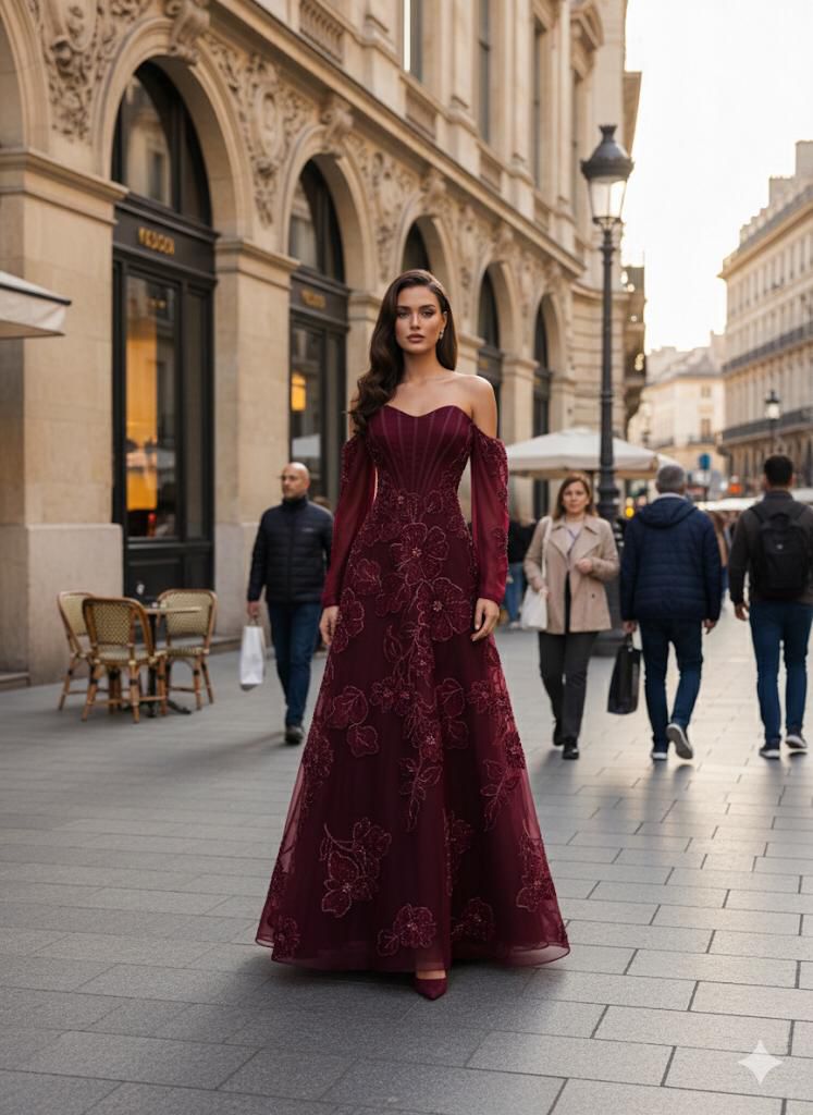 فستان خمري فاخر إطلالة أنثوية بأناقة لا تُضاهى