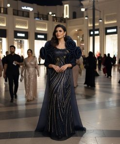 فستان سهرة كحلي فخم مطرز بالترتر الذهبي – تصميم راقٍ للمناسبات والحفلات