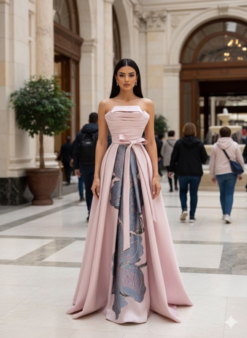 فستان سهرة ساتان وردي بقصة سترابلس مع فيونكة أنيقة | متجر روزيتا السعودية