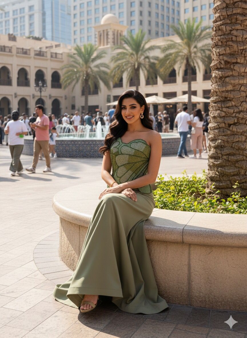 فستان سهرة أخضر زيتي بتصميم كورسيه فاخر مطرز | متجر روزيتا السعودية