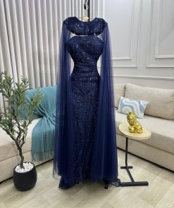 فستان سهرة أزرق تصميم فاخر للمناسبات الرفيعة