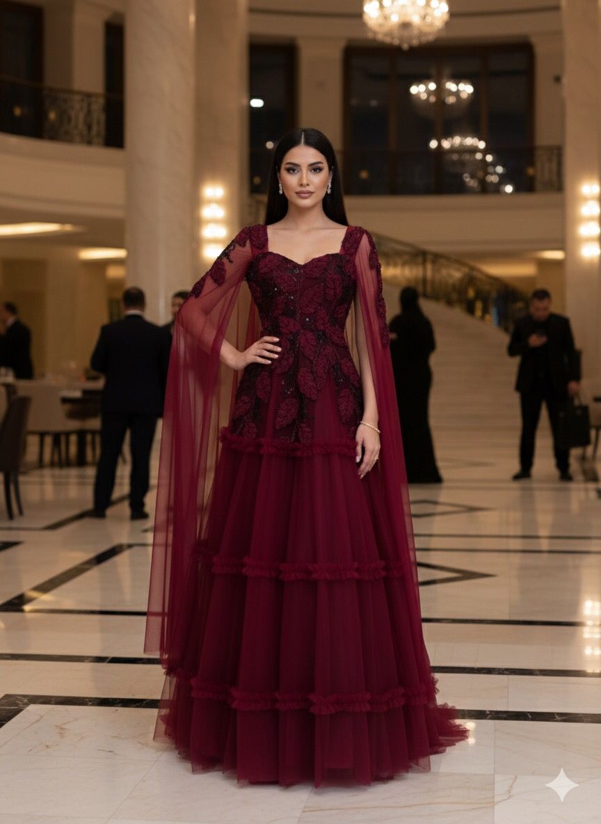 فستان سهرة عنابي بتول فاخر وتطريز أنيق – تصميم ملكي بطبقات راقية | روزيتا السعودية