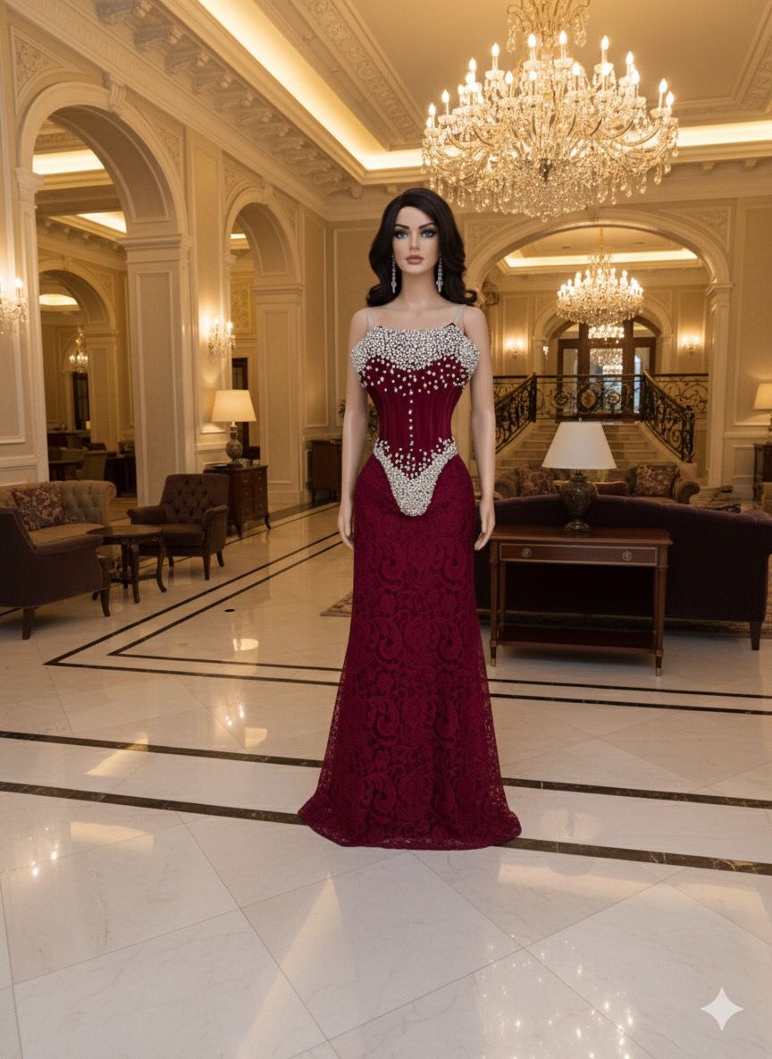 فستان سهرة عنابي فاخر بتطريز كريستال لامع وقماش دانتيل أنيق، تصميم راقٍ يبرز القوام ويمنحك إطلالة فخمة للمناسبات الخاصة.