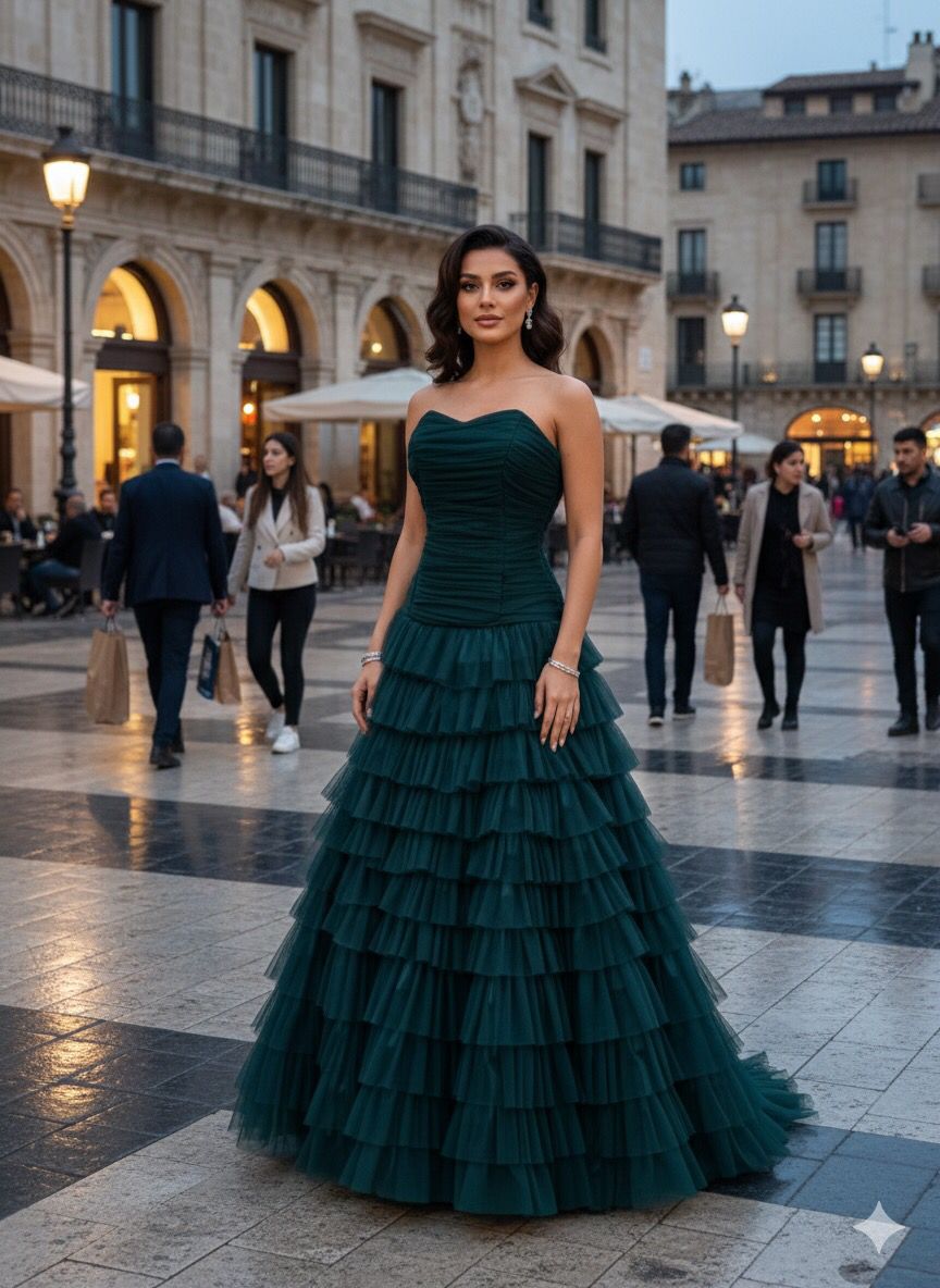 فستان سهرة فاخر بتصميم أنيق ولون أخضر بترولي عميق