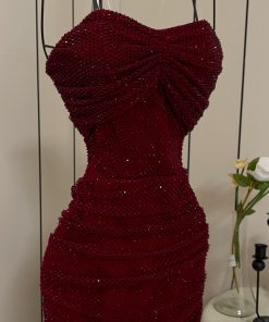 Alternative view of فستان سهرة عنابي مطرز بفتحة جانبية أنيقة