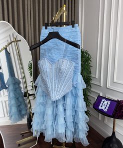 Alternative view of فستان سهرة سماوي منفوش بتطريز فاخر وقصة ميرميد أنيقة