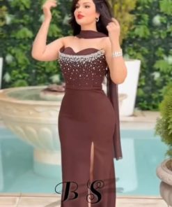 فستان سهرة فاخر بني مع تفاصيل لؤلؤة - متجر روزيتا السعودية"