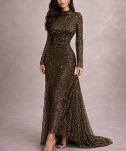 فستان زيتي قطعتين طويل