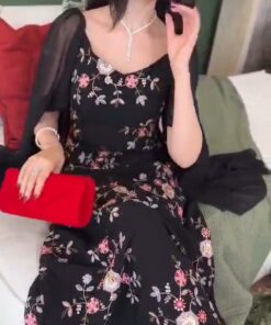 فستان سهرة أسود شيفون تتطريز