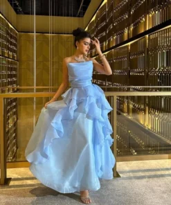 فستان سهرة ناعم لون سماوي