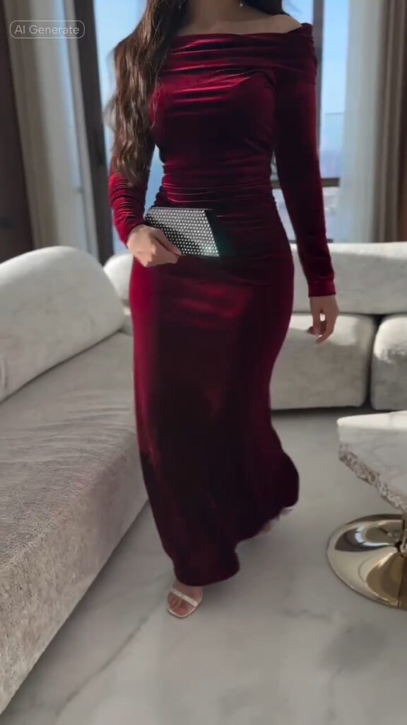 ⁦فساتين سهرة مخمل لون أحمر⁩ - الصورة ⁦5⁩
