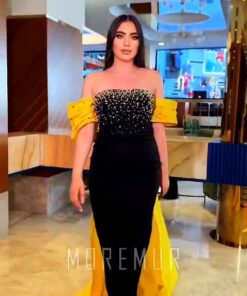 فستان سهرة لون أسود بذيل طويل
