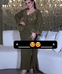 فستان زيتوني أنيق بتطريز فاخر