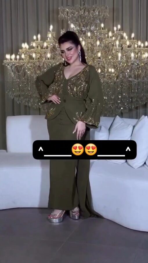 فستان زيتوني أنيق بتطريز فاخر