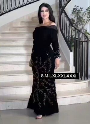 فستان سهرة أسود بتطريز فاخر لإطلالة جذابة في المناسبات الخاصة