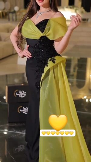 ⁦فستان نسائي فاخر باللون الأسود ولمسات ليمونية⁩ - الصورة ⁦2⁩