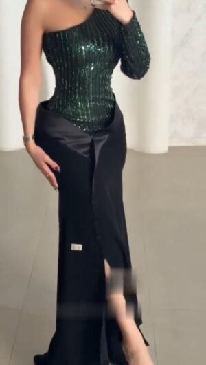 ⁦فستان أنيق بترتر باللون الأخضر⁩ - الصورة ⁦6⁩