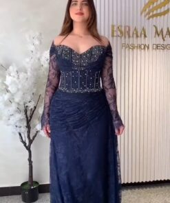 فستان سهرة كحلي فخم دانتيل بأكمام طويلة