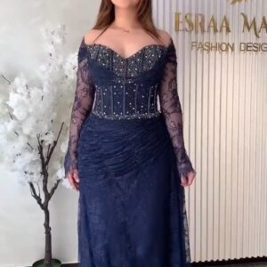 فستان سهرة كحلي فخم دانتيل بأكمام طويلة