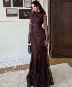 فستان سهرة بني دانتيل