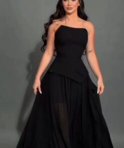 فستان سهرة أسود طويل بقصة هالتر وتنورة واسعة