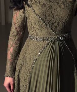 Alternative view of فستان بيج فاخر بتطريزات لؤلؤية وأكمام طويلة
