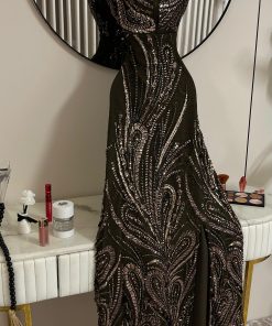 Alternative view of فستان زيتي لامع بتفاصيل تطريز براقة من روزيتا