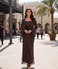 فستان سهرة بني دانتيل