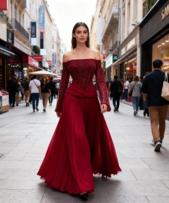 فستان سهرة احمر وبني