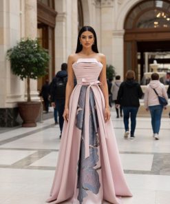 فستان سهرة ساتان وردي بقصة سترابلس مع فيونكة أنيقة | متجر روزيتا السعودية