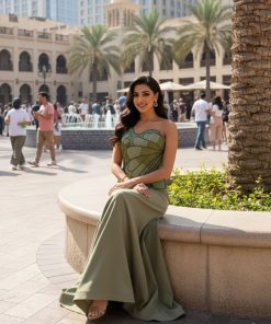 فستان سهرة أخضر زيتي بتصميم كورسيه فاخر مطرز | متجر روزيتا السعودية