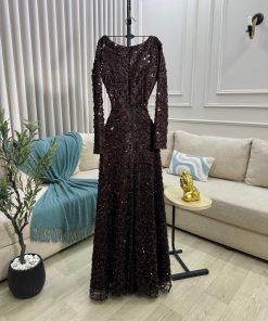 Alternative view of فستان سهرة بني مزخرف بالترتر تصميم فاخر وأنيق للمناسبات الراقية