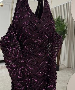 Alternative view of فستان سهرة موف مطرز بالكامل بالترتر اللامع