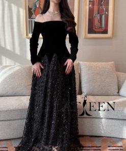 فستان سهرة أسود بتصميم مخملي وتنورة دانتيل تطريز ترتر الدمعه