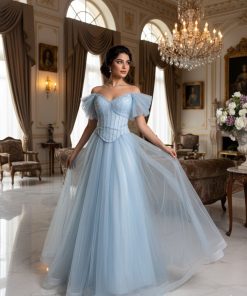 فستان سهرة سماوي مزين بتفاصيل لؤلؤية وأكمام من التل - متجر روزيتا السعودي