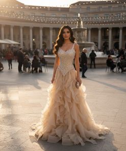 فستان سهرة بيج مزين بتفاصيل لؤلؤية وطبقات من التول - متجر روزيتا السعودي