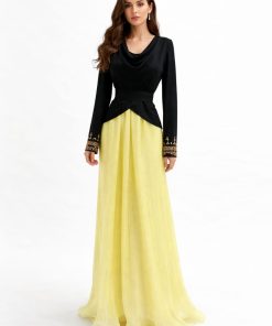 فستان سهرة أسود مع تنورة صفراء مزينة بتفاصيل أنيقة - متجر روزيتا السعودي