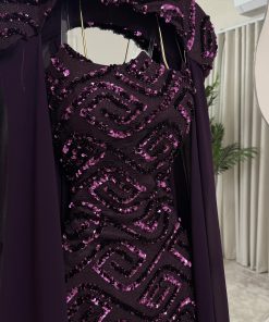 Alternative view of فستان سهرة بوردو مطرز بالترتر مع شال طويل أنيق