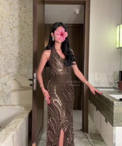 فستان زيتي لامع بتفاصيل تطريز براقة من روزيتا