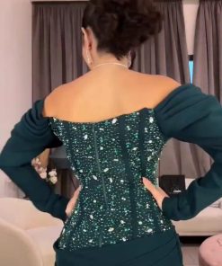 Alternative view of فستان سهرة أزرق بترولي مطرز بتصميم أوف شولدر وأكمام فاخرة