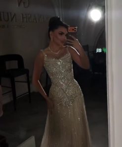 فستان سهرة طويل مطرز بالخرز – لون شامبين فاخر | متجر روزيتا السعودية