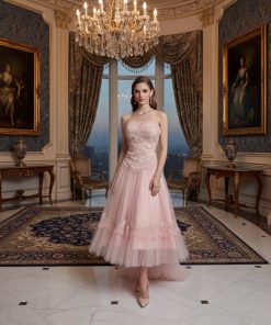 فستان سهرة وردي فاتح بتصميم كورسيه وتنورة تول طبقات – متجر روزيتا السعودية