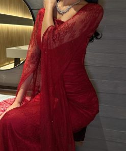 Alternative view of فستان سهرة أحمر دانتيل بأكمام منسدلة تصميم أنثوي فاخر