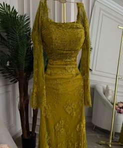 Alternative view of فستان سهرة تفاحي دانتيل بأكمام طويلة تصميم أنيق وفاخر