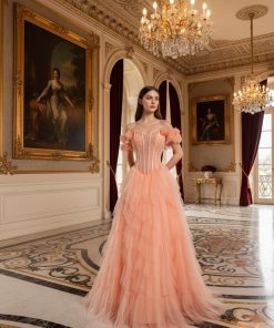 فستان سهرة خوخي كورسيه بتنورة تول