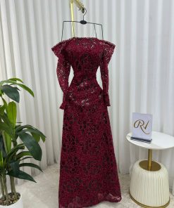 Alternative view of فستان سهرة عنابي دانتيل فاخر بأكمام طويلة