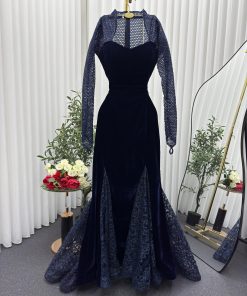 Alternative view of فستان سهرة كحلي مخمل فاخر بكم شبكي