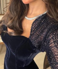 فستان سهرة كحلي مخمل فاخر بكم شبكي